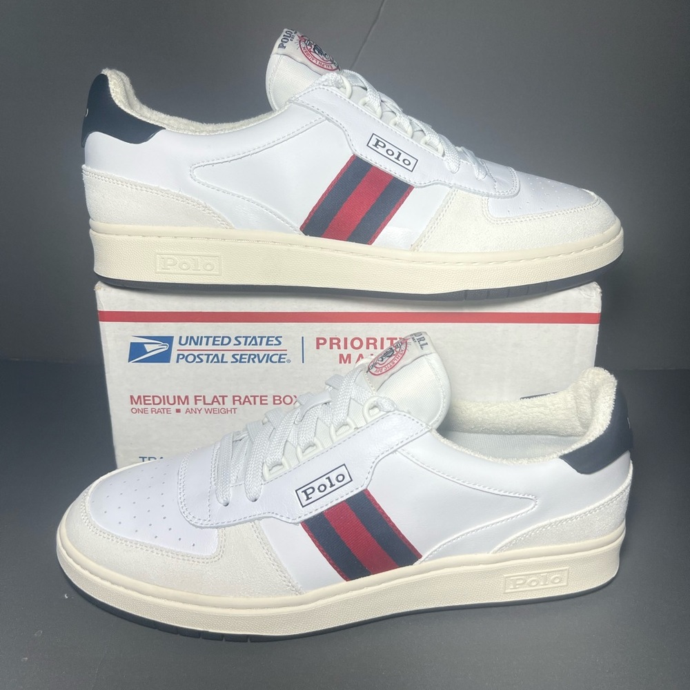Polo Ralph Lauren Court Low Shoes White Blue Leather Mens